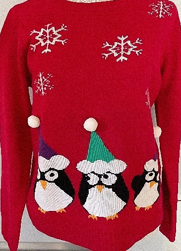 (image for) Christmas Red Snowflakes and Penguins with Bobble Hats Jumper